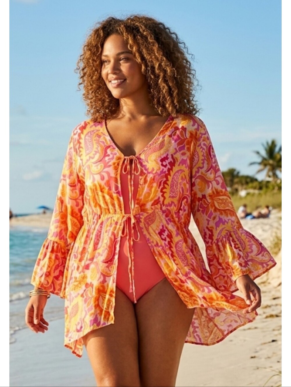 Cato Paisley Sheer Tie Front Kimono Swim Cover Up Orange & Pink Size XL